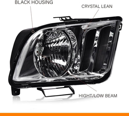 G-PLUS Headlights Assembly Compatible with Ford Mustang 2005-2009 4R3Z13008AA, 4R3Z13008AB Bumper Headlamps Left & Right Clear Lens Chrome Housing Amber Reflector faros delanteros
