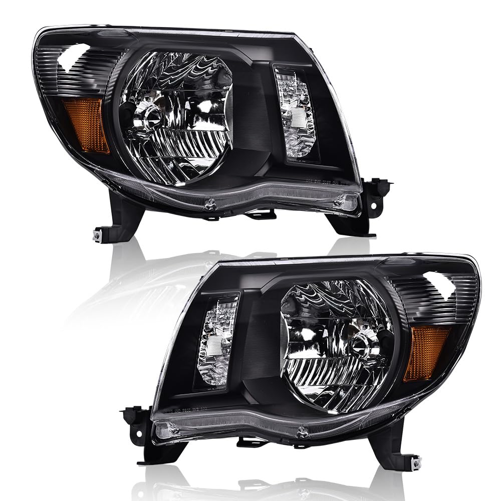 G-PLUS Headlights Assembly W/o Bulbs, Compatible with Toyota Tacoma 2005 2006 2007 2008 2009 2010 2011 Bumper Headlamps, Clear Lens Black Housing Amber Reflector