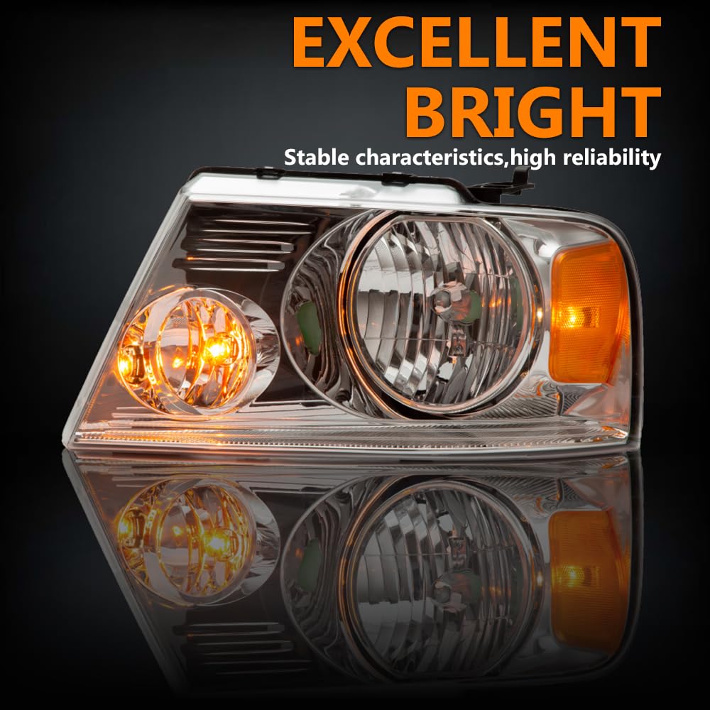 G-PLUS Headlights Assembly, Compatible with 2004-2008 Ford F150/ 2006-2008 Lincoln Mark Lt(NOT Compatible with 2004 F150 Heritage/Flareside Beds Models), Clear lens Chrome Housing Amber Reflector