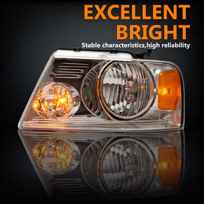 G-PLUS Headlights Assembly, Compatible with 2004-2008 Ford F150/ 2006-2008 Lincoln Mark Lt(NOT Compatible with 2004 F150 Heritage/Flareside Beds Models), Clear lens Chrome Housing Amber Reflector