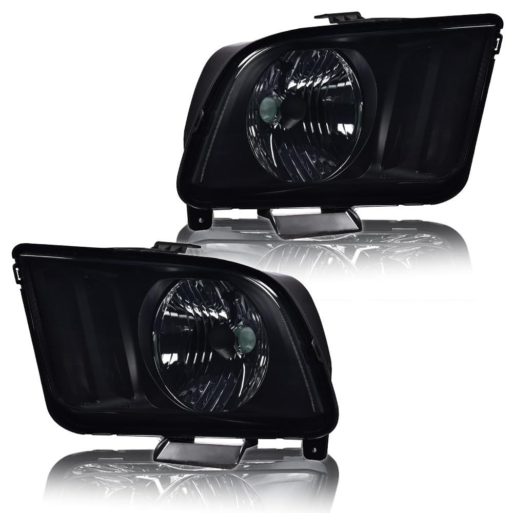 G-PLUS Headlights Assembly, Compatible with Ford Mustang 2005 2006 2007 2008 2009 Bumper Headlamps, Left & Right Smoky Lens Black Housing Amber Reflector