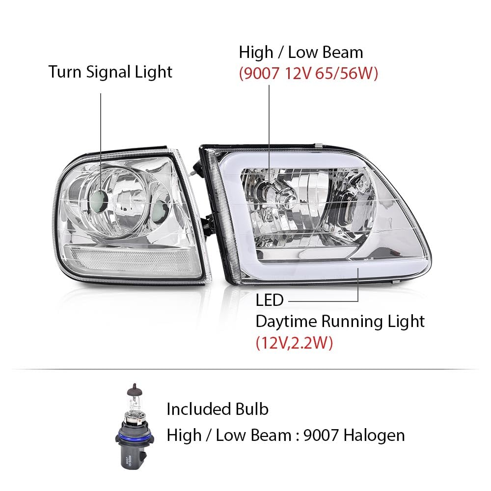 G-PLUS LED DRL Lightning Style Headlights & Corner Parking Lights Compatible with 1997-2002 Ford Expedition/Fit 1998-2003 Ford F150/Fit 1997-1999 F250 Clear Lens Chrome Housing Clear Reflector