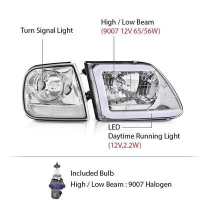 G-PLUS LED DRL Lightning Style Headlights & Corner Parking Lights Compatible with 1997-2002 Ford Expedition/Fit 1998-2003 Ford F150/Fit 1997-1999 F250 Clear Lens Chrome Housing Clear Reflector
