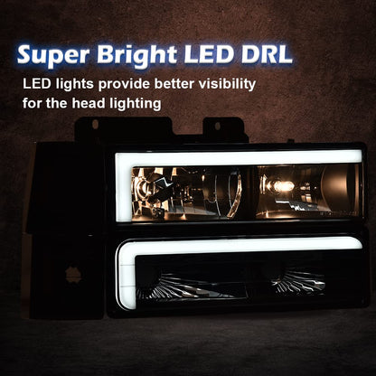 G-PLUS LED DRL headlights, Compatible with 1994 1995 1996 1997 1998 1999 2000 GMC C10 C/K C1500 bumper Headlamp, Smoky lens Black Housing Amber Reflector