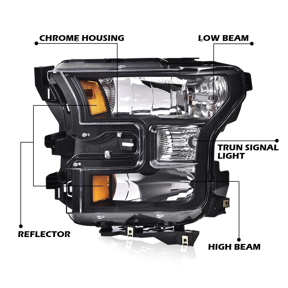 G-PLUS Headlights & Fog Lights Assembly Fit Ford F150 2015-2017 Headlamps Clear lens Black Housing Amber Reflector