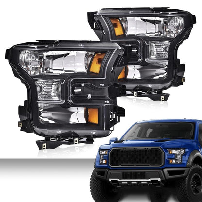 G-PLUS Headlights Assembly, Compatible with Ford F150 2015 2016 2017 Bumper Headlamps W/o Bulbs, Clear Lens Black Housing Amber Reflector Luces delanteras,faro delantero,faros delanteros
