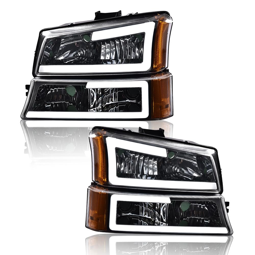 G-PLUS LED DRL Front Headlights, Compatible with 2003-2006 Chevy Silverado Avalanche 1500 2500 3500 Bumper Headlamps, Clear Lens Chrome Housing Amber Reflector(Left+Right)