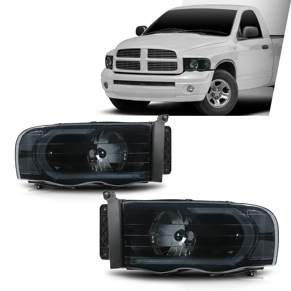 G-PLUS LED Headlights Headlamps Compatible with Dodge Ram 1500 2002-2005,Compatible with Dodge Ram 2500 3500 2003-2005 Smoke Lens Black Housing Clear Reflector,faros delanteros Assembly
