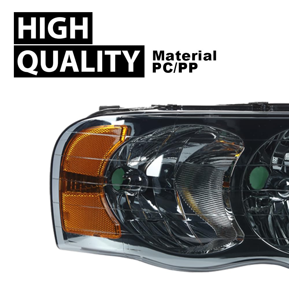 G-PLUS Headlights Assembly, Compatible with 2002 2003 2004 2005 Dodge Ram 1500 2500 3500 Bumper Headlamp, Smoky Lens Chrome Housing Amber Reflector