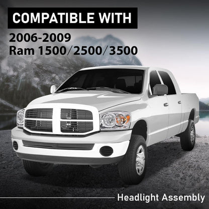 G-PLUS Headlights w/Bulbs Left Driver Side Compatible with Dodge Ram 1500 2006-2008/HEADLIGHTS | Fit Dodge Ram 2500 3500 2006-2009,Clear Lens Chrome Housing Amber Reflector Bumper Headlamps,faros Assembly