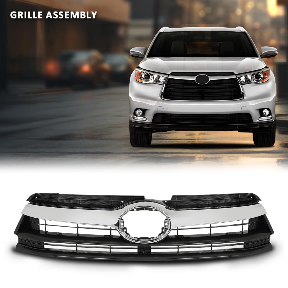 G-PLUS Grille Assembly Compatible with Toyota Highlander (submodel: Hybrid LE, Hybrid Limited, Hybrid XLE, LE, LE Plus, Limited, XLE) 2014-2016 Chrome Grill Insert Black 531010E170, TO1200371