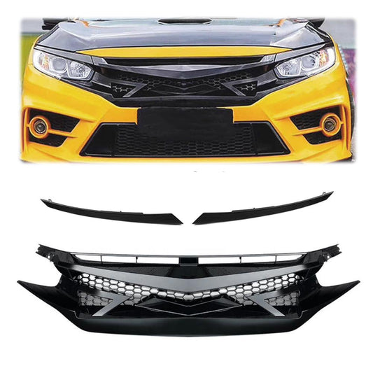 G-PLUS Compatible with Honda Civic Sedan Coupe 2016-2018 Mesh Grille Front Bumper JDM Battle Style Hood Grills + 2 PCS Eyebrows Glossy Black ABS Plastic