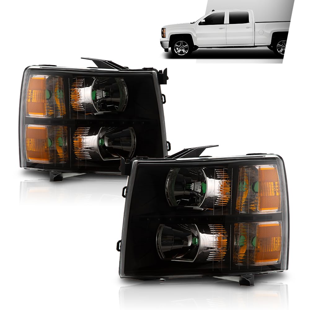 G-PLUS LED DRL Headlights, Fit Chevy Silverado 2007-2013/Fit Chevy Silverado 2500 HD 3500 HD 2007-2014,NOT Fit 07 Old Body Classic Headlamps, Clear Lens Black Housing Amber Reflector,faros delanteros