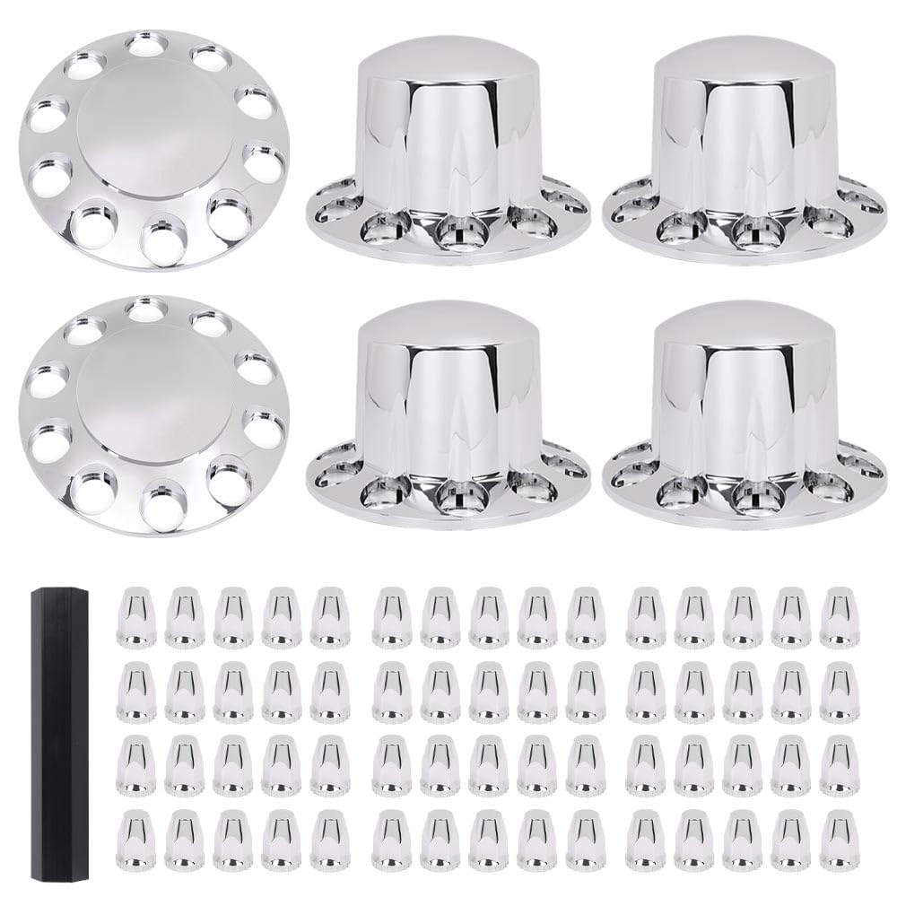 G-PLUS Axle Wheel Covers Removable Hub Caps 2 Front & 4 Rear w/ 33mm Thread-On Lug Nut Covers for Semi Trucks 20" & 22.5" & 24.5" (Chrome ABS Plastic)