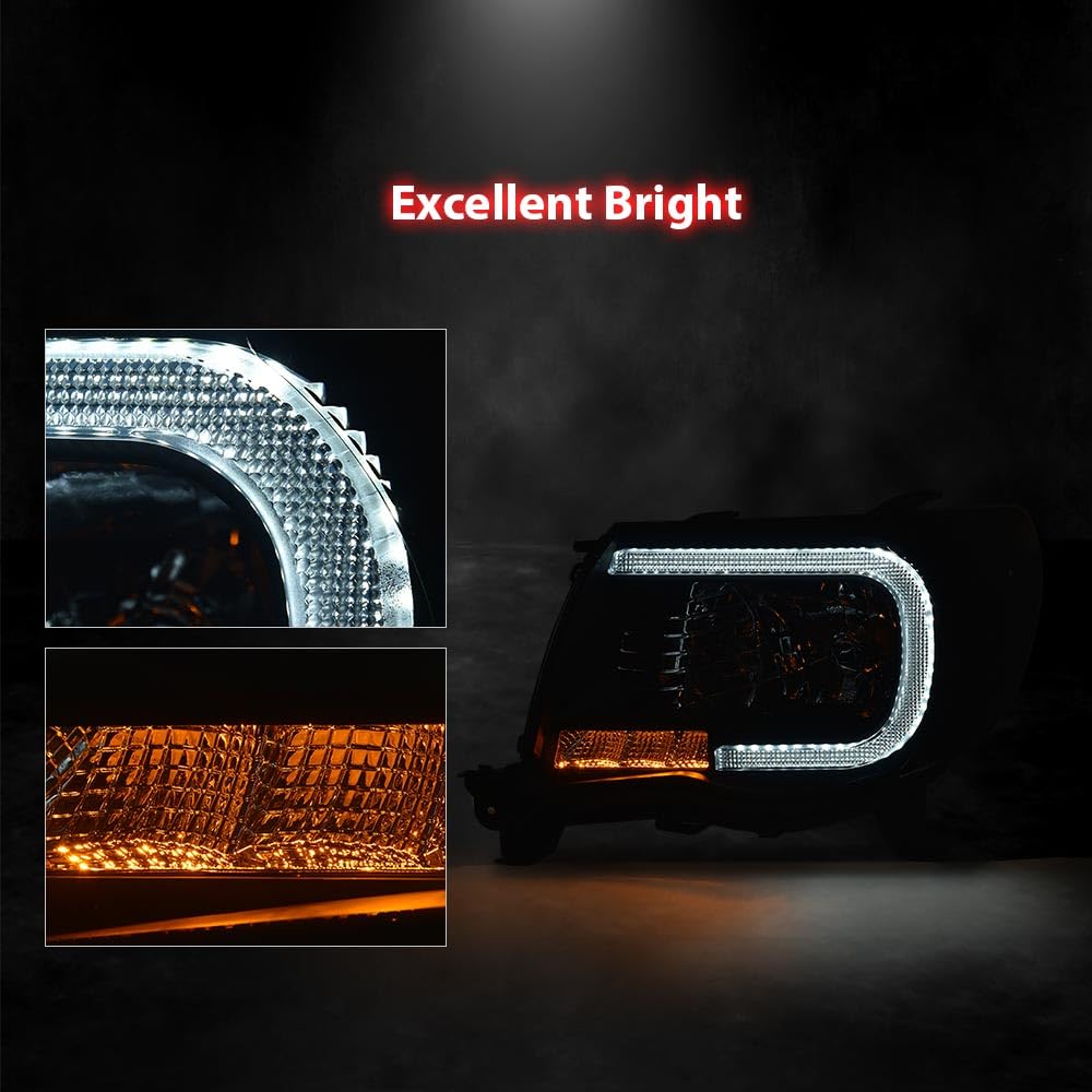 G-PLUS LED DRL Tube Halo Projector Headlights Compatible with Toyota Tacoma 2005 2011,Headlamps w/o Bulbs faros delanteros,Smoke Lens Black Housing Clear Reflector Left Driver & Right Passenger