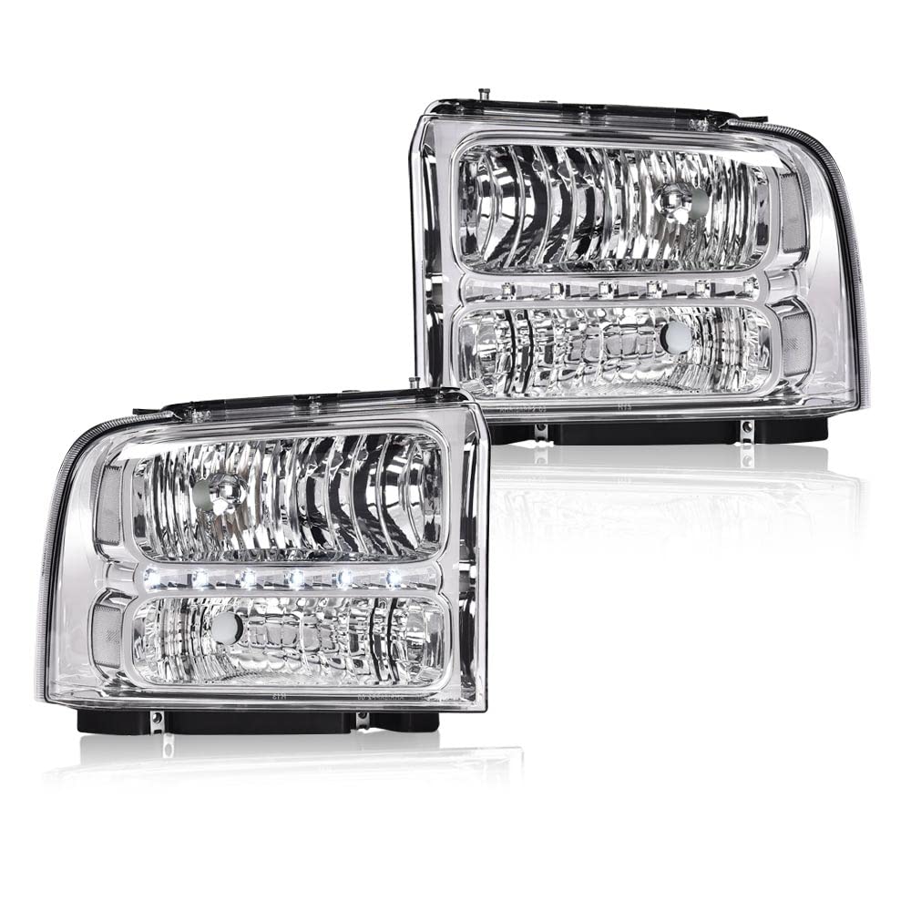 G-PLUS Smoked LED DRL headlights, Compatible with 2005 2006 2007 Ford F250 F350 F450 F550 Super Duty Bumper Headlamps, Clear Lens Chrome Housing Clear Reflector FO2503217,faros delanteros