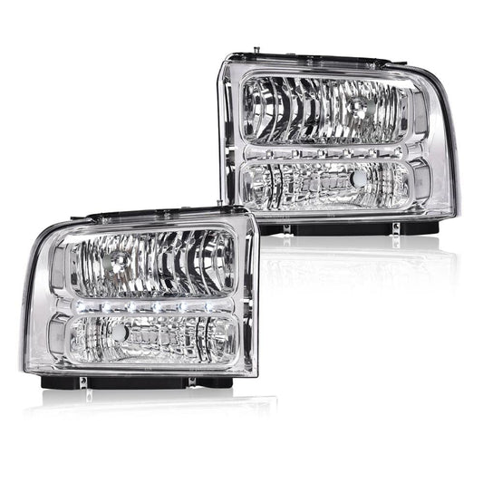 G-PLUS Smoked LED DRL headlights, Compatible with 2005 2006 2007 Ford F250 F350 F450 F550 Super Duty Bumper Headlamps, Clear Lens Chrome Housing Clear Reflector FO2503217,faros delanteros