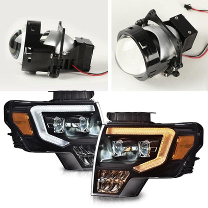 G-PLUS LED Tube Dual Projector Headlights Assembly, Compatible with 2009-2014 Ford F150(Only Fit LED Style) Bumper Headlamps,Clear Lens Black Housing Amber Reflector,faros delanteros