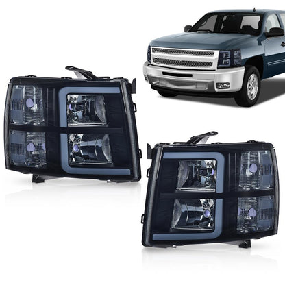 G-PLUS DRL Tube Projector LED Headlights Assembly Fit Chevy Silverado 1500 2007-2013, Fit Chevy Silverado 2500 HD 3500 HD 2007-2014 Headlamps w/o Bulbs Smoky Lens Black Housing Clear Reflector