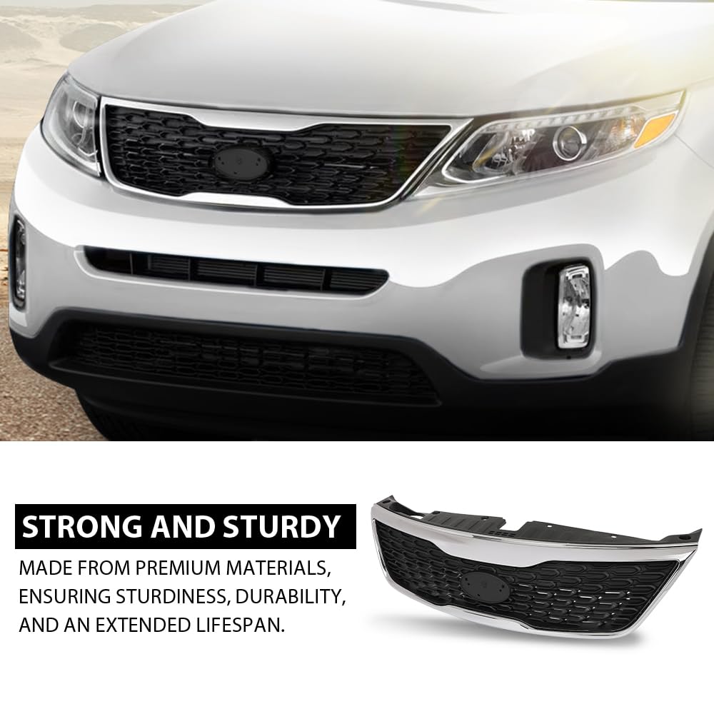 G-PLUS Front Bumper Upper Grille Grill W/Chrome Trim, Compatible with Kia Sorento 2014-2015, KI1200155, KI1200155C, 863501U500, KI1200155D