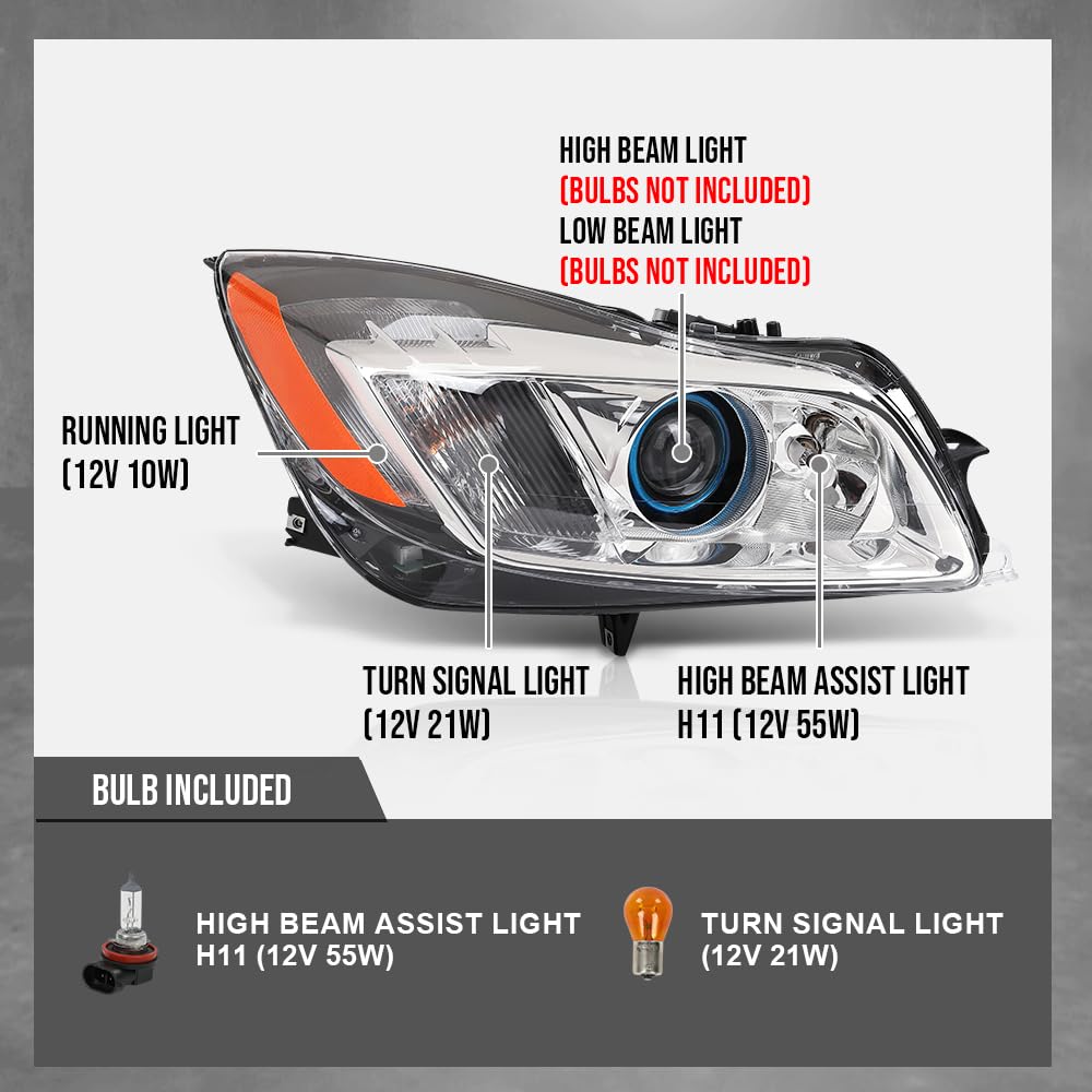 G-PLUS LED Right Side Headlight Assembly Front Headlamp Compatible with Buick Regal 2009-2012 20990314, 22934024 Clear Lens Black Housing Amber Reflector