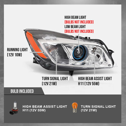 G-PLUS LED Right Side Headlight Assembly Front Headlamp Compatible with Buick Regal 2009-2012 20990314, 22934024 Clear Lens Black Housing Amber Reflector