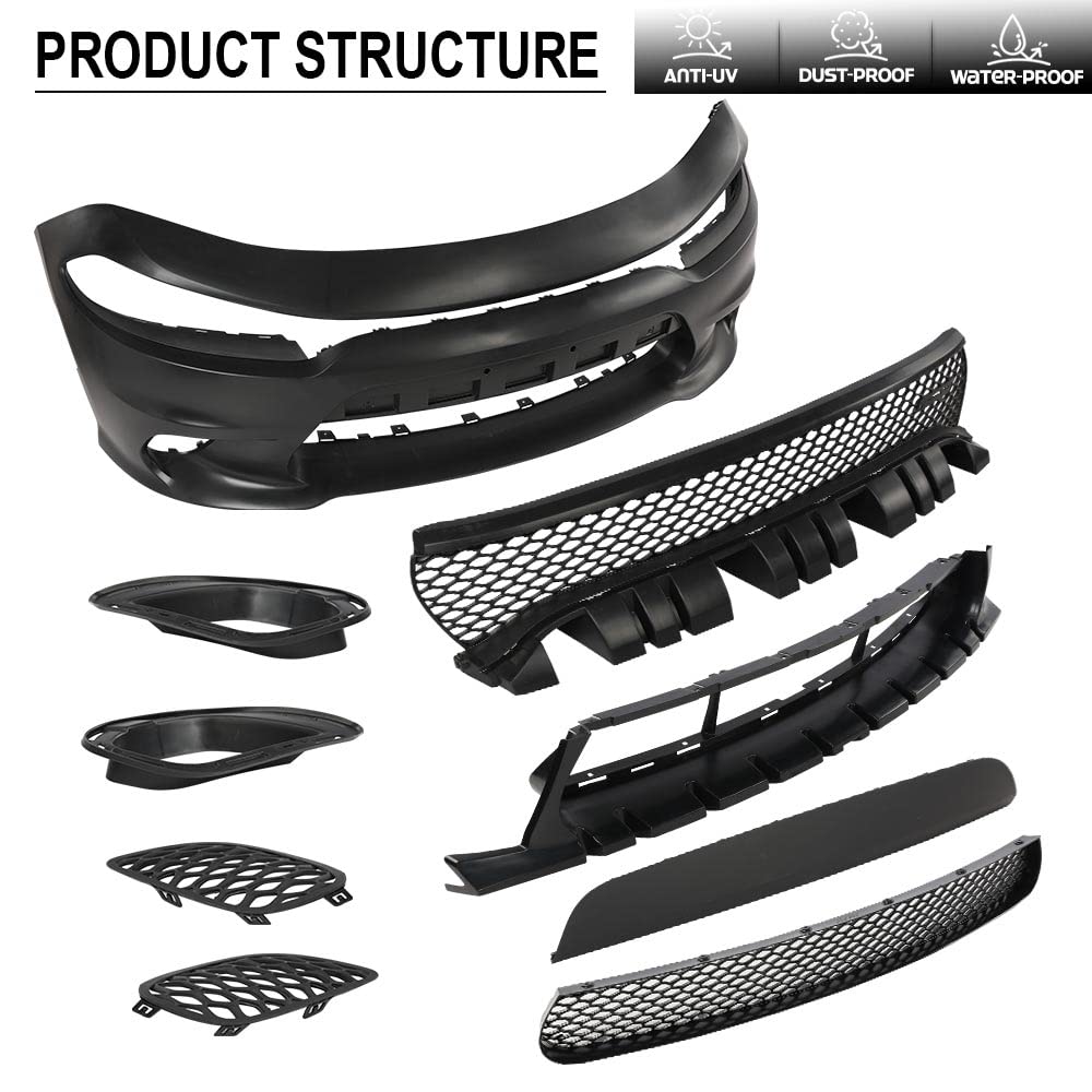 G-PLUS Front Bumper Body Kit Compatible with Dodge Charger 2015 2016 2017 2018 2019 2020 2021 2022 SRT Style 9PCS, Black