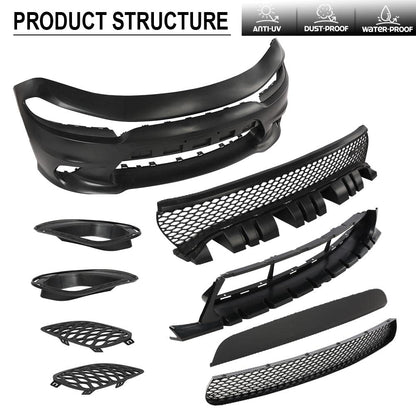 G-PLUS Front Bumper Body Kit Compatible with Dodge Charger 2015 2016 2017 2018 2019 2020 2021 2022 SRT Style 9PCS, Black