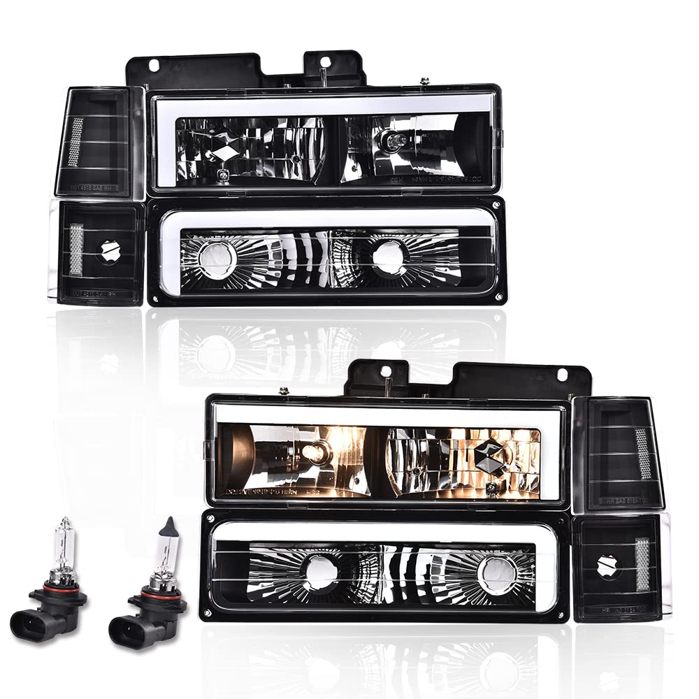 G-PLUS LED DRL headlights, Compatible with 1994 1995 1996 1997 1998 1999 2000 GMC C10 C/K C1500 bumper Headlamp, Clear lens Black Housing Clear Reflector