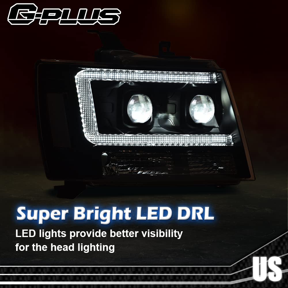 G-PLUS LED Tube Dual Projector Headlights, Compatible with 2007-2014 Chevy Tahoe/Suburban Bumper Headlamps Assembly, Clear Lens Black Housing Clear Reflector,faros delanteros