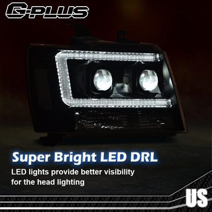 G-PLUS LED Tube Dual Projector Headlights, Compatible with 2007-2014 Chevy Tahoe/Suburban Bumper Headlamps Assembly, Clear Lens Black Housing Clear Reflector,faros delanteros