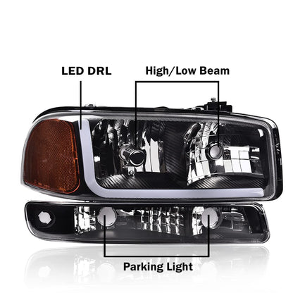 G-PLUS LED Headlights Assembly Compatible with GMC Sierra 1500 1999-2007,Fit GMC Sierra 1500 HD 2001-2007, Bumper Headlamps Clear Lens Black Housing Amber Reflector,Left & Right,faros delanteros
