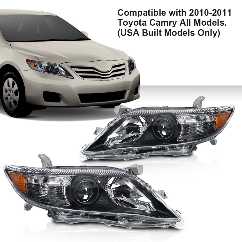 G-PLUS Projector Headlights Head Lamps Without Bulbs LH&RH Compatible with 2010-2011 Toyota Camry Black Housing Clear Lens Amber Reflector Bumper Headlamps,faros delanteros
