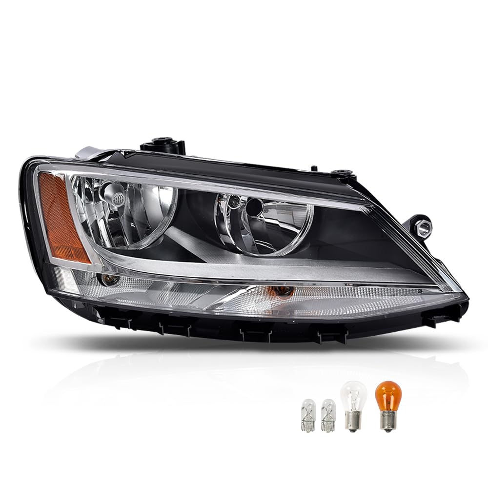 G-PLUS Headlights Headlamps w/Bulbs Right Passenger Compatible with Volkswagen Jetta 2011-2018 5C7941006, VW2503146 Clear Lens Chrome Housing Amber Reflector