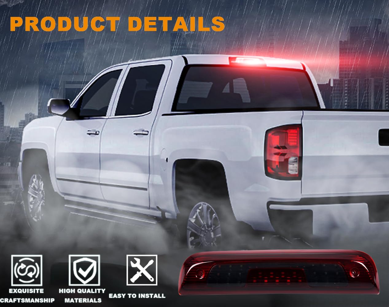G-PLUS High Mount Rear 3rd Third Brake Light Compatible With 2014-2018 Chevy Silverado GMC Sierra 1500 2500 HD 3500 HD LED Cargo Tail Lamp Black Housing Red Smoky Lens