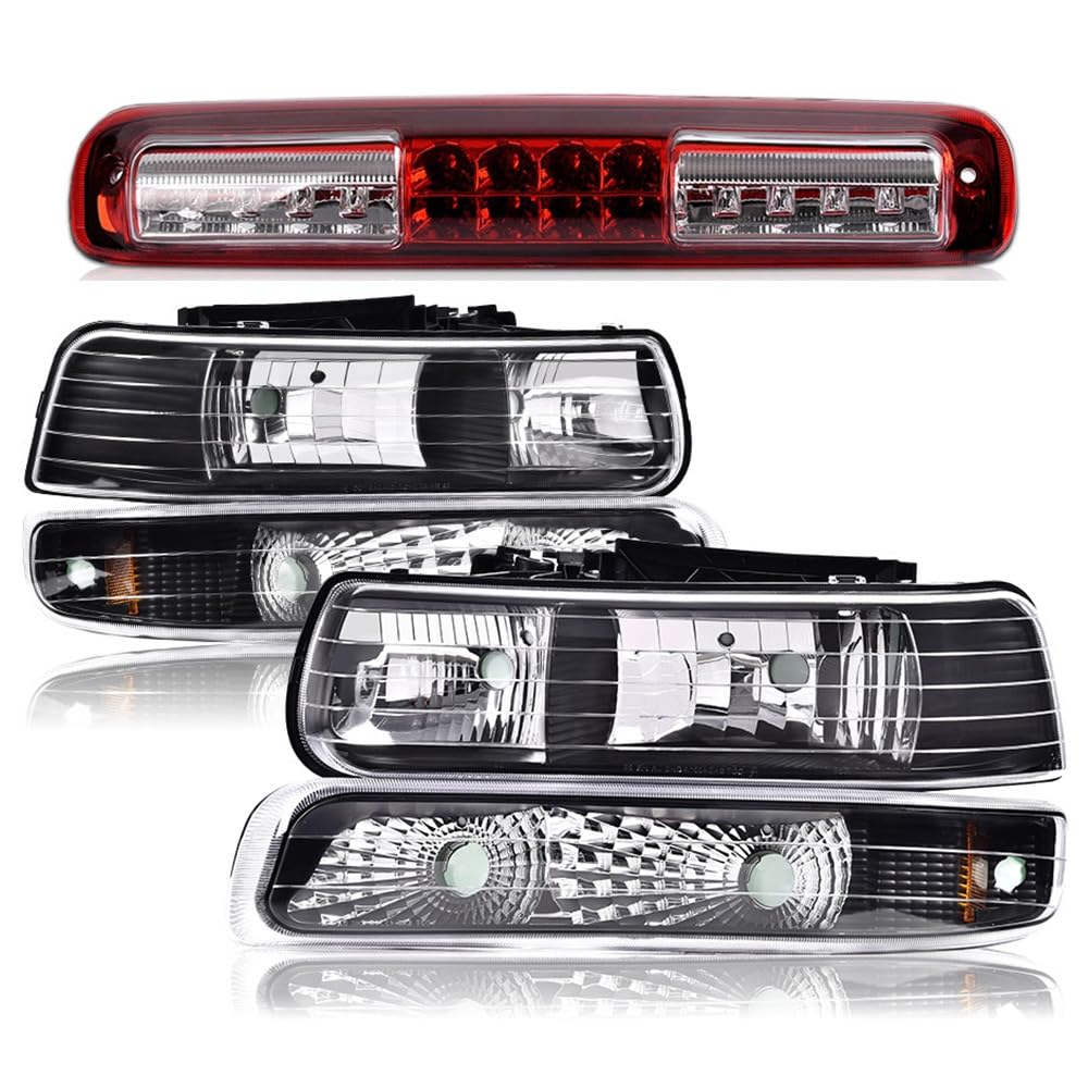 G-PLUS Left & Right Side Headlights Assembly+ Bumper Lights Lamps & LED 3rd Third Brake Light Compatible with Chevy Silverado 1999-2006 Fit Chevy Suburban 2000-2006
