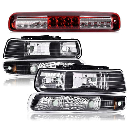 G-PLUS Left & Right Side Headlights Assembly+ Bumper Lights Lamps & LED 3rd Third Brake Light Compatible with Chevy Silverado 1999-2006 Fit Chevy Suburban 2000-2006