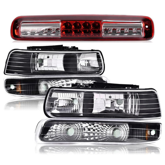 G-PLUS Left & Right Side Headlights Assembly+ Bumper Lights Lamps & LED 3rd Third Brake Light Compatible with Chevy Silverado 1999-2006 Fit Chevy Suburban 2000-2006