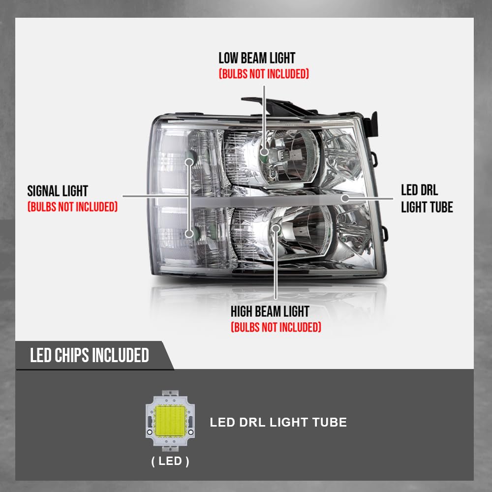 G-PLUS LED DRL Headlights, Fit Chevy Silverado 2500 3500 & HD 2007-2014/Fit Chevy Silverado 1500 2007-2013 Headlamps, Left & Right Clear Lens Chrome Housing Clear Reflector,faros delanteros