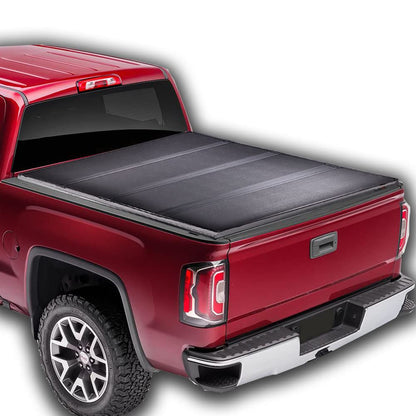 G-PLUS T4 Four-Fold Hard Lock 8Ft Truck Tonneau Cover Compatible with 2007-2013 Chevy Silverado/GMC Sierra | 8'Long Bed Black