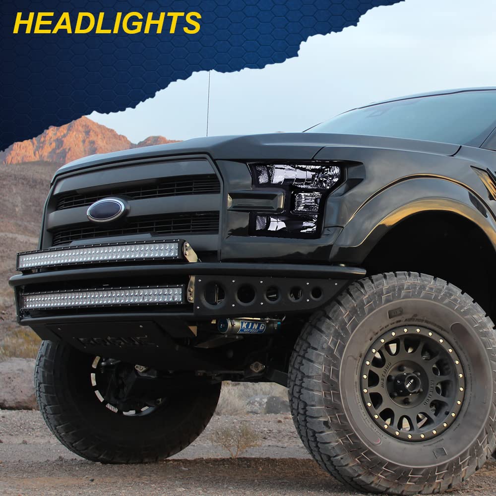 G-PLUS Headlights Assembly, Compatible with 2015 2016 2017 Ford F150 bumper Headlamp, Smoky lens Black Housing Clear Reflector