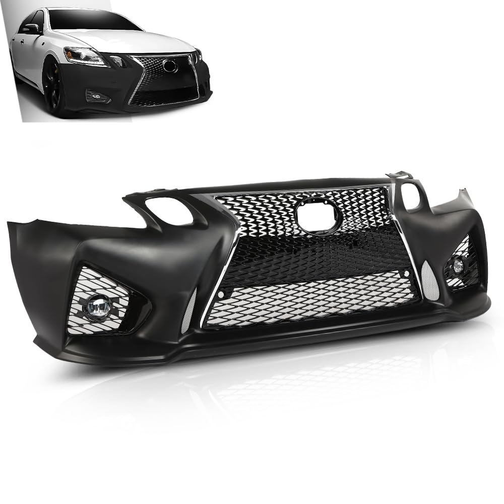 G-PLUS Front Bumper Set (1 × Bumper, 1 × Grille, 2 × Fog Light Cover, 2 × Fog Light) Compatible with 2006-2011 LX GS GS300 GS350 to 16+ GS F Style Black