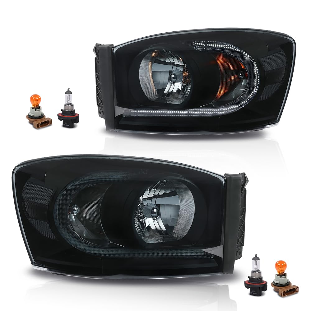 G-PLUS LED Headlights Assembly Headlamps Left Right Compatible with Dodge Ram 1500 2006-2008,Fit Dodge Ram 2500 3500 2006-2009 Smoke Lens Black Housing Clear Reflector,faros delanteros