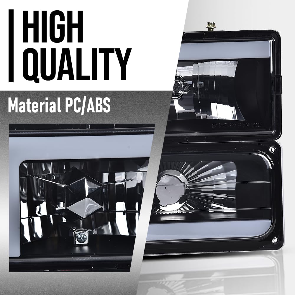 G-PLUS LED Headlights Assembly w/Bulbs Fit GMC C1500 K1500 Yukon 1994-1999, Fit GMC C2500 C3500 K2500 K3500 1994-2000, Left & Right Headlamps Assembly, Smoky Lens Black Housing Clear Reflector