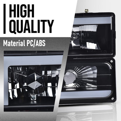 G-PLUS LED Headlights Assembly w/Bulbs Fit GMC C1500 K1500 Yukon 1994-1999, Fit GMC C2500 C3500 K2500 K3500 1994-2000, Left & Right Headlamps Assembly, Smoky Lens Black Housing Clear Reflector