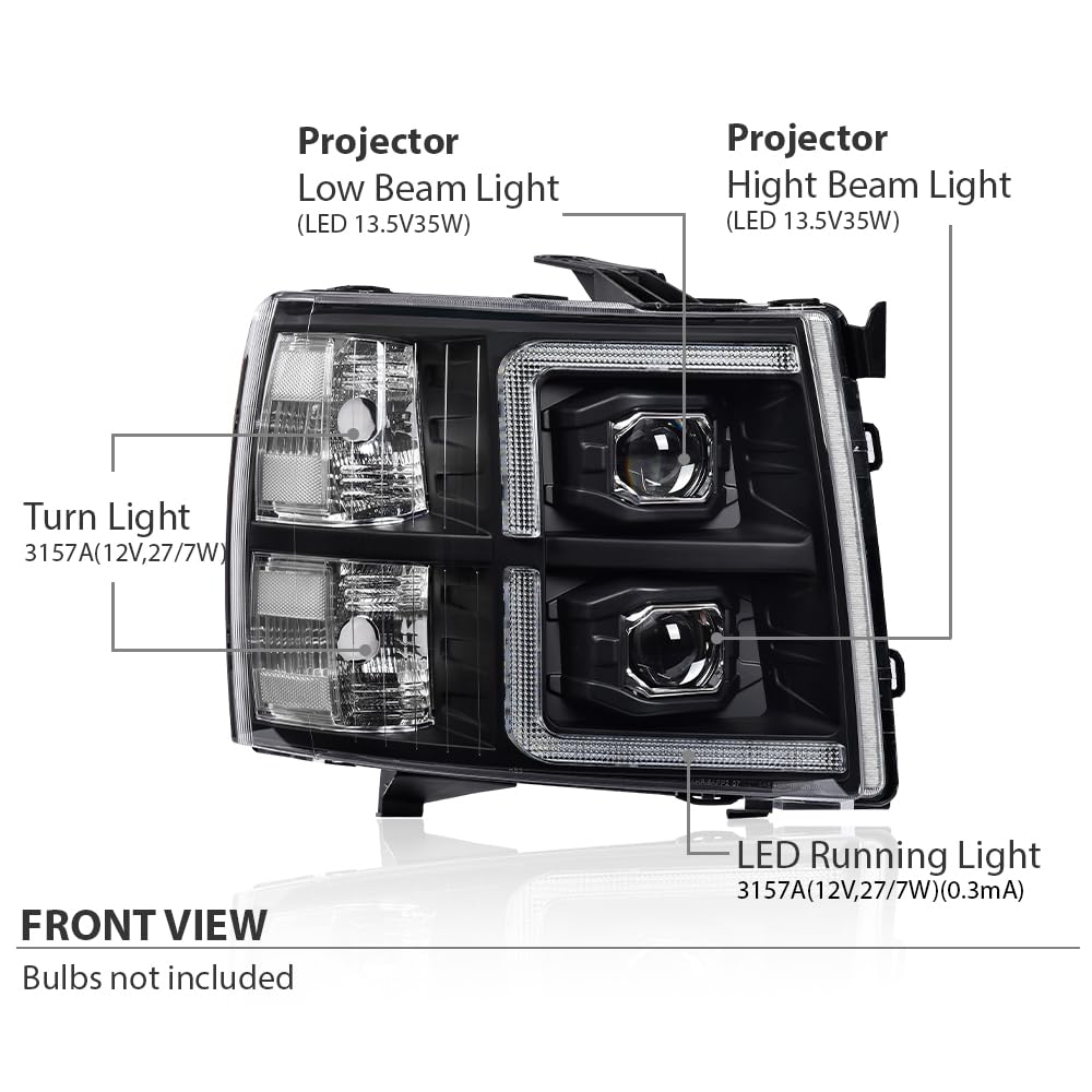 G-PLUS LED Tube Dual Projector Headlights w/Bulbs,Fit Chevy Silverado 1500 2007-2013/Fit Silverado 2500 3500 & HD 2007-2014, Headlamps faros delanteros,Clear Lens Black Housing Clear Reflector