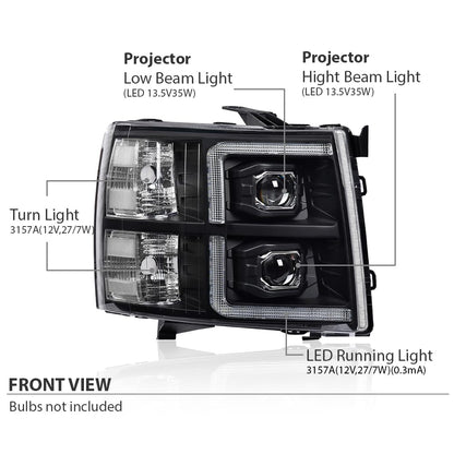 G-PLUS LED Tube Dual Projector Headlights w/Bulbs,Fit Chevy Silverado 1500 2007-2013/Fit Silverado 2500 3500 & HD 2007-2014, Headlamps faros delanteros,Clear Lens Black Housing Clear Reflector
