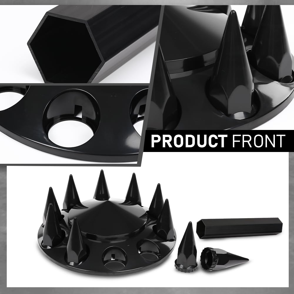 G-PLUS Front Wheel Covers 33mm Spiked Hub Axle Compatible with Semi-Trucks 22.5" and 24.5" Wheels, ABS Plastic Black Pair Semi Truck Hub Covers