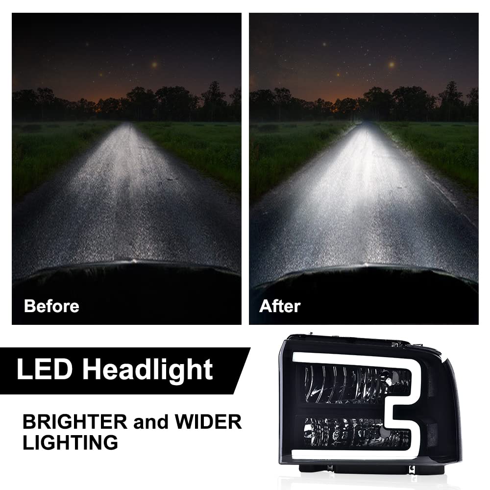 G-PLUS LED Bar Headlights Assembly Fit Ford F250 F350 F450 F550 Super Duty 2005-2007,Fit Ford Excursion 2005 Smoke Lens Black Housing DRL Headlamps w/Wiring,faros delanteros