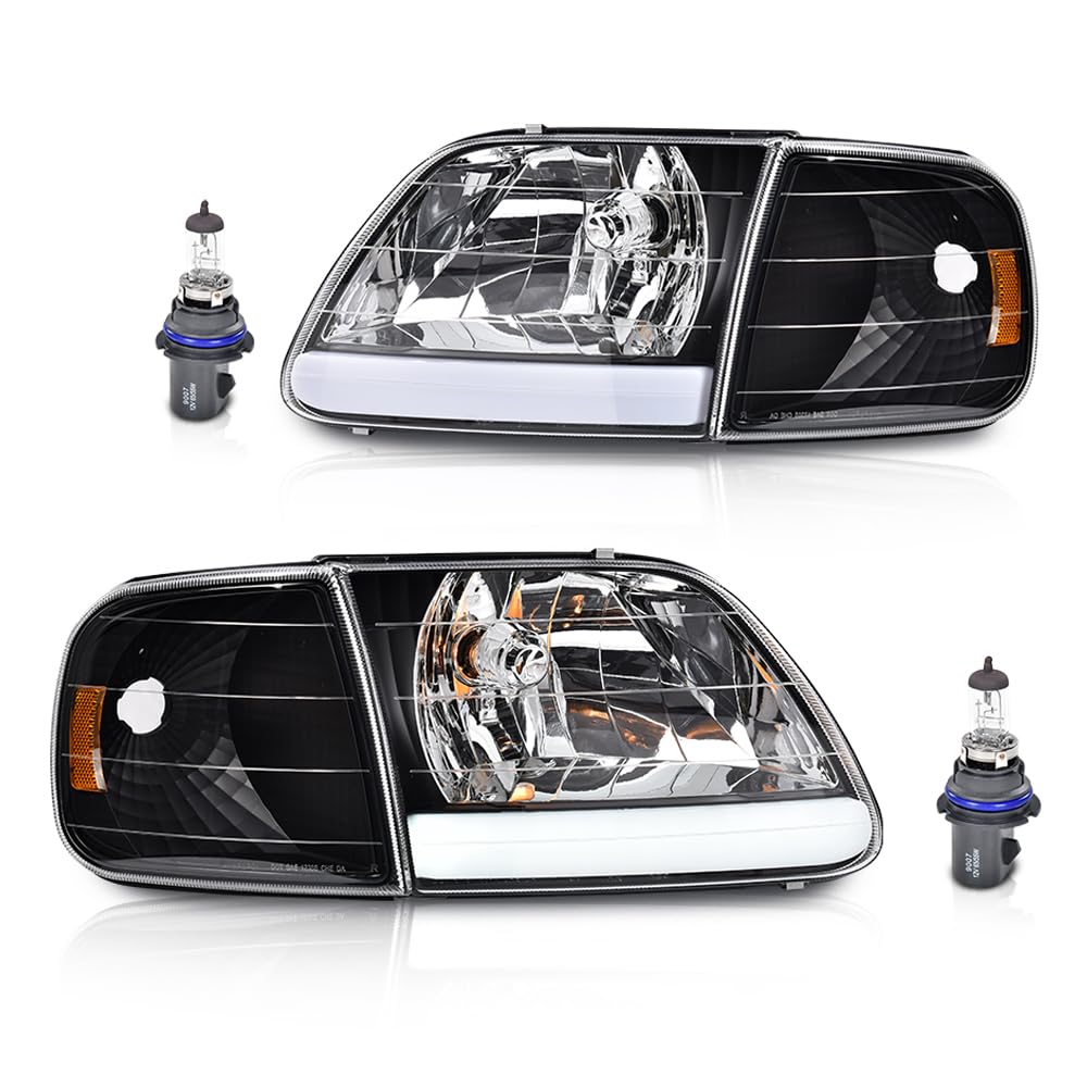 G-PLUS LED DRL Headlights Compatible with Ford Expedition 1997-2002/Fit F150 1998-2003/Fit F250 1997-1999 Clear Lens Black Housing Amber Reflector Left & Right